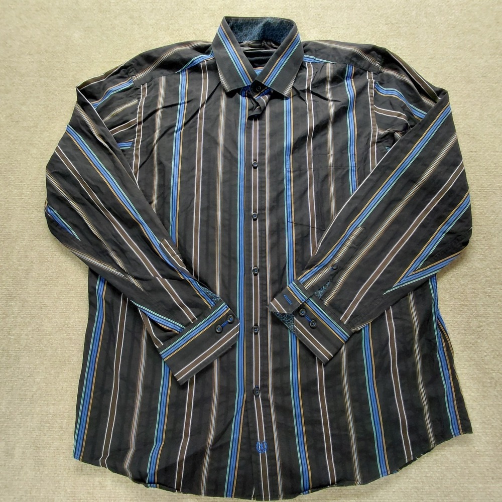 BUGATCHI UOMO Mens XL Black Blue Brown Stripe Cotton Button Down‎ Dress Shirt